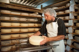 Travail à la cave. Retournement des fromages de Bleu du Vercors Sassenage. Ferme de la Grand Mèche à Lans en Vercors