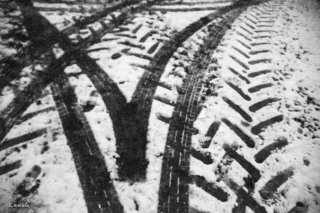 Empreintes de roues de tracteur sur une piste forestière. Trièves, Isère