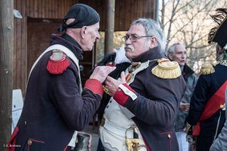 Soldats napoléoniens. Préparatifs de la reconstitution du bicentenaire à la prairie de la rencontre à Laffrey (Isère). 7 mars 2015