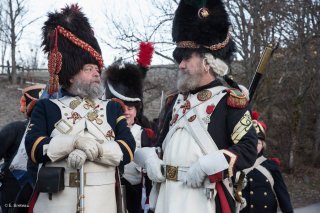 Soldats napoléoniens à la Salle en Beaumont. Reconstitution du bicentenaire de la prairie de la rencontre à Laffrey (Isère). 7 mars 2015