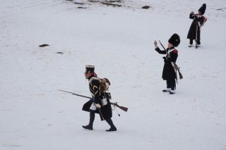 Soldats napoléoniens. Reconstitution du bicentenaire à la prairie de la rencontre à Laffrey (Isère). 7 mars 2015