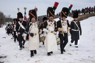 Soldats napoléoniens. Reconstitution du bicentenaire à la prairie de la rencontre à Laffrey (Isère). 7 mars 2015