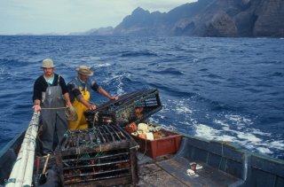 Ile Robinson Crusoé. Antonio et Popito pêcheurs de langoustes. Déplacement des casiers