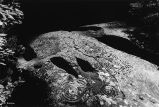 Suisse. Grisons. Grande dalle de Carschenna, couverte de cercles concentriques et de cupules