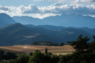 Moissons à Cornillon et la chaîne du Vercors au loin